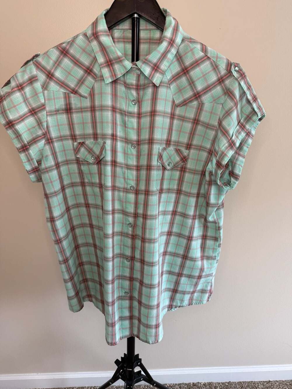 Vintage Turquoise Plaid Pearl Button Western Shirt-XL